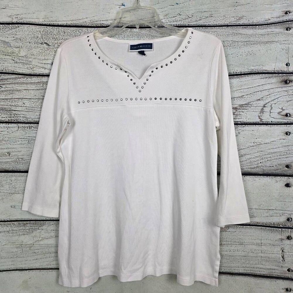 Karen Scott White Studded V-Neck 3/4 Sleeve Cotton Top M